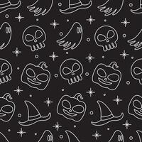 Black and white Halloween pattern with skulls, pumpkins, and a witch's hat. Halloween outline seamless pattern on black background vector