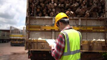 A man in a yellow vest is writing on a clipboard while standing next to a truck video
