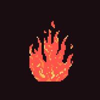 Fire with sparks in pixel, y2k and retro game style. Flame and bonfire icon on dark background vector