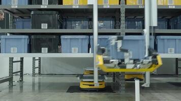 Demonstration of Automated Retail Warehouse AGV Robots Delivering distribution product stock on shelf in modern factory. Smart warehouse Logistics management system with warehouse robot. AI Technology video