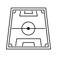A simple black and white icon depicting a top down view of a soccer field. A detailed layout of a soccer field with goals, the center circle, penalty areas, and corner arcs. vector