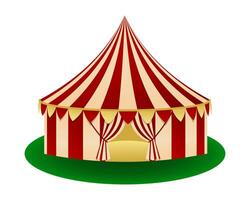 Traditional red and yellow circus tent with a striped pattern and open entrance. Carnival Tent on a green circular ground. For posters, cards, tickets and playbills. vector