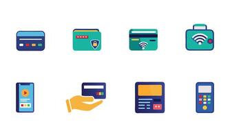 Wireless NFC Cashless Payment System Credit Card e-Wallet POS Machine Color Icon Set vector