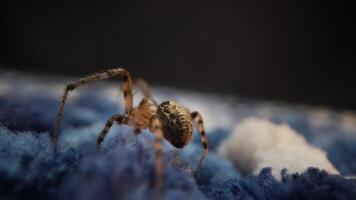 Closeup of a spider on a rug captured with macro photography video