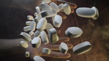Hands throw up pile of white pills video