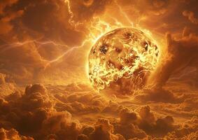 Clouds of Venus. An image of the thick, toxic atmosphere of Venus, with its dense yellowish clouds through which lightning flashes photo