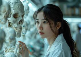 In a modern laboratory, a scientist works closely with robotic technology powered by AI. The atmosphere is one of intense concentration and innovation photo