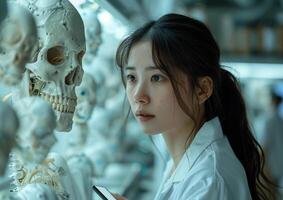 In a modern laboratory, a scientist works closely with robotic technology powered by AI. The atmosphere is one of intense concentration and innovation photo