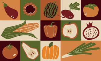 Geometric pattern with vegetables and fruits. Autumn harvest background. vector
