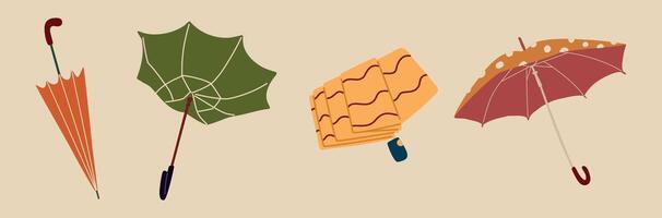 Set of different umbrellas. Opened, closed and broken umbrellas. Rainy weather vector