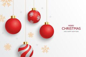 Merry christmas greeting design. Christmas balls hanging , shiny and glossy elements in snowflakes pattern elegant background. vector