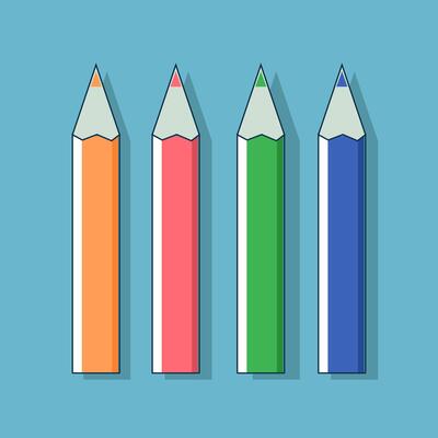 Four coloured pencils on a blue isaline background. Orange and red, green and blue. For school and drawing
