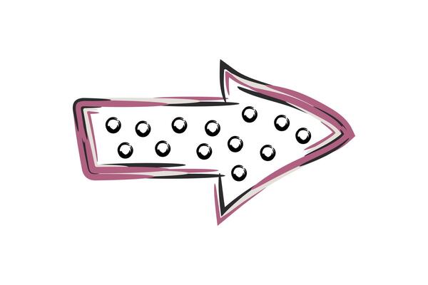 Black and pink abstract single arrow. Isolated on white background. Hand drawn shape. Doodle illustration
