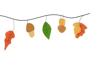 Autumn set of falling leaves, mushroom and acorn on rope. Foliage collection vector