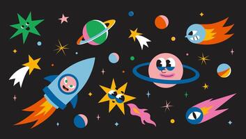 Cute outer space set. Cosmic bundle with funny cartoon characters, spaceships, planet, comet and stars. Trendy modern illustration, hand drawn, flat design vector