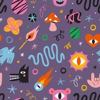 Seamless pattern with funny cartoon shapes and characters like bird, monsters, curves and stars. Trendy modern illustration on purple background, hand drawn, textured effect, flat design vector