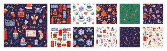 Set of Christmas seamless patterns with cute winter cozy elements. Festive background with traditional attributes. Trendy modern illustration, hand drawn, flat design vector