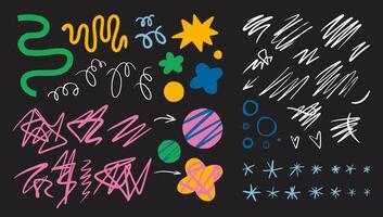 Hand drawn various scribbles, doodles, curls, lines, circles and stars. Abstract art, set of elements, constructor for shapes with textured effect. Trendy modern illustration vector