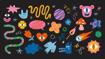 Set of various funny cartoon shapes and characters like heart, flower, bird, monster, mushroom, curve and star. Trendy modern illustration, hand drawn, textured effect, flat design vector