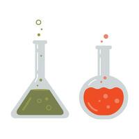 Two Laboratory test tubes, flasks. Transparent glassware with chemical reagents. Experiment equipment for chemistry lessons. illustration isolated on white, flat design vector