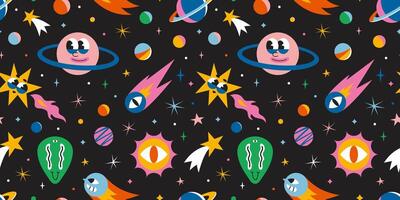 Seamless pattern with cute outer space elements. Cosmic background with funny cartoon characters, alien, planet, comet and stars. Trendy modern illustration, hand drawn, flat design vector