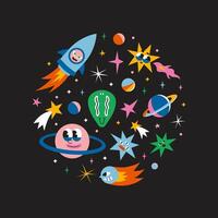 Round composition with cute outer space elements. Cosmic bundle with funny cartoon characters, alien, spaceships, planet, comet and stars. Trendy modern illustration, hand drawn, flat design vector
