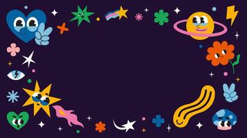 Horizontal banner with round frame, comic groovy characters, cartoon style. 70s funny retro vibe. Trendy modern illustration on a black background, hand drawn, flat design vector
