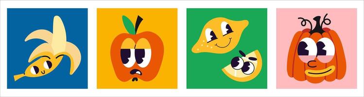 Funny fruits like banana, apple, lemon and pumpkin with eyes and mouth, cartoon style, vintage groovy character. Square colorful icons. Trendy modern illustration, hand drawn, flat design vector