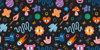 Seamless pattern with funny cartoon shapes and characters like bird, monsters, curves and stars. Trendy modern illustration on black background, hand drawn, textured effect, flat design vector