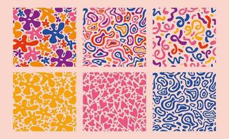 Seamless patterns set with abstract fluid shapes, hearts and groovy flowers, cartoon style. Funky retro style, Wavy lines. Trendy modern illustration, hand drawn, flat design vector