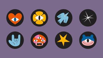 Set of various highlight stories covers with funny cartoon shapes and characters. Trendy modern design. Hand drawn templates. Round icons for social media stories vector