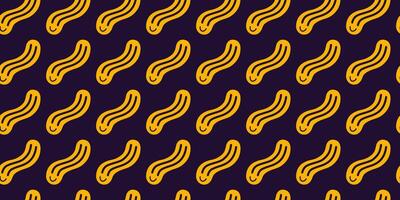 Seamless pattern with Distorted wavy smiley, melt yellow smile stretched into a wave, cartoon style. Trendy modern illustration on a dark background vector
