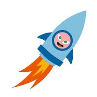 A rocket taking off with a cheerful face in the window, cartoon style. Trendy modern illustration isolated on white background, hand drawn, flat design vector