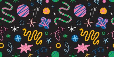 Seamless pattern with Hand drawn various scribbles, doodles, curls, lines, circles and stars. Abstract art, shapes with textured effect. Trendy modern illustration on black background vector