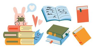 Cute characters and a stack of books set, the concept of school and learning. Trendy modern illustration isolated on white background, hand drawn, flat design vector