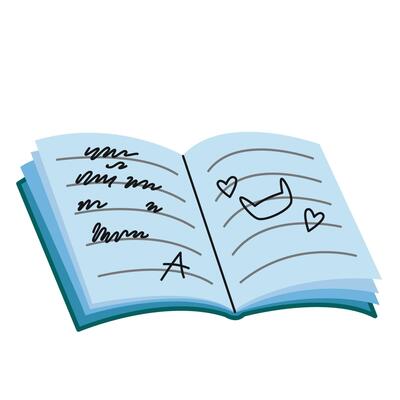 A cute school open notebook with notes, drawings and scribbles. Trendy modern illustration isolated on white background, hand drawn, flat design