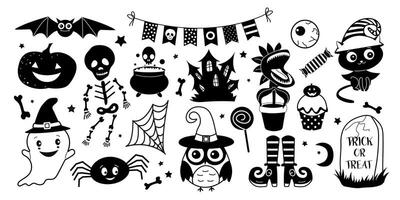 Set of black and white Halloween drawings isolated on white background. For coloring pages, prints, decoration of postcards and stickers, posters, sublimation. vector