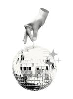 Halftone hand holding disco ball hanging on string collage element. Cut out of a magazine party festive symbol. Trendy modern retro illustration isolated on transparent background vector