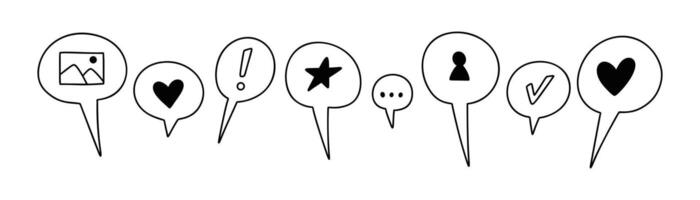 Cute line doodle social media reaction icon set. Speech bubble with heart, star, picture, check, emoticon. Follow, share, appreciate, read message, feedback, recommend symbols vector