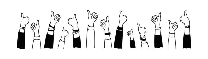 Crowd of people raising hands with thumb up background. Hand drawn doodle illustration. Like time. Happy customer, success, positive feedback, testimonials concept vector