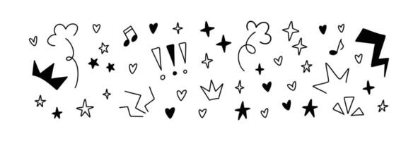 Set of grunge emo doodle elements. Handwriting hearts, stars, music notes, movement and motion expressions. Crayon pencil scribbles. Punk graffiti background vector