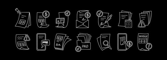Crayon drawing doodle invoice, documents and CV. Chalk board illustration. Business papers sketch icons set. Bill and tax payment concept vector