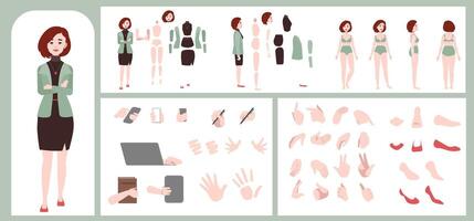 Woman character generator, constructor of diverse views of face, body, hands and leg parts. Female character construction for comfortable fast motion design. vector