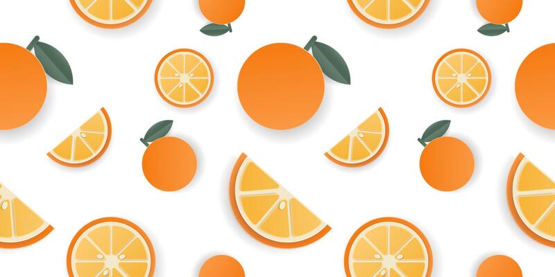 Seamless pattern 3d papercut sliced orange fruit. Summer cutout layered fruits for restaurant, food, drinks, bars, recipes, summer, sweets, vegan, social media, presentation design.