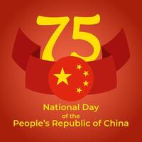 75th Anniversary National Day of the People's Republic of China. Independence Day greeting card. Large yellow number 75 and Chinese flag on gradient backdrop. Design for logo, web, print, social media vector