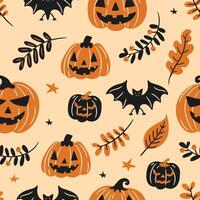 seamless background with cartoon halloween illustrations with pumpkins and bats in autumn composition, flat style vector
