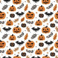 seamless background with cartoon halloween illustrations with pumpkins and bats in autumn composition, flat style vector