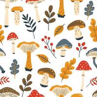 Seamless pattern Autumn with mushrooms, leaves and berries. Illustration in doodle style, flat style vector