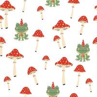seamless pattern with cute green frogs and fly agarics on a white background vector
