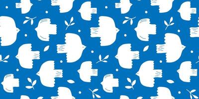 Seamless pattern with abstract silhouettes of birds, pigeons flying in the sky against the background of leaves. vector